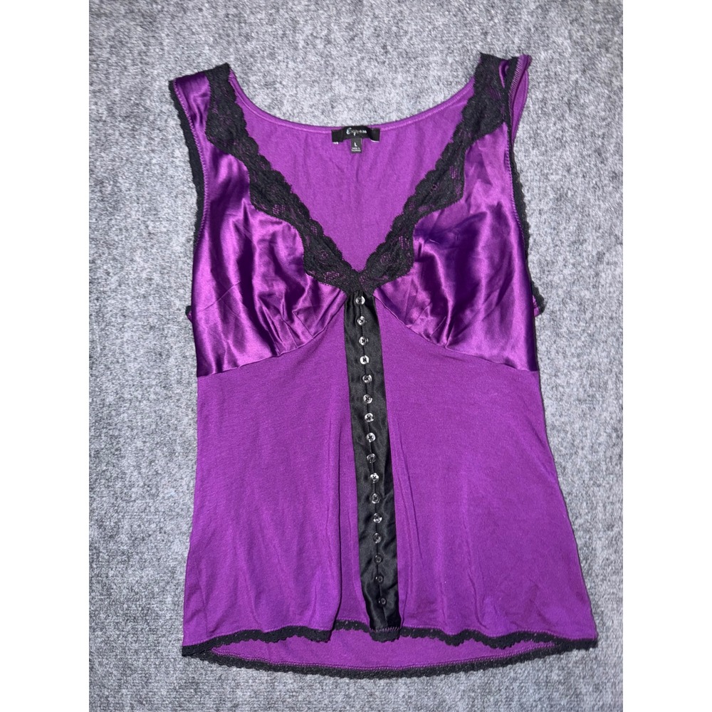 Y2K Express Purple Satin Lace Tank Top Large Goth Coquette Cami Stretch L